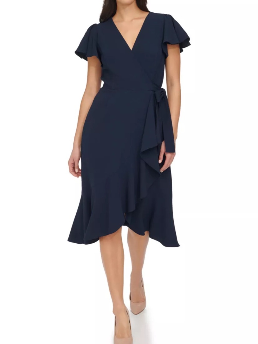 Tommy Hilfiger Navy Faux Wrap Dress with Flutter Sleeves